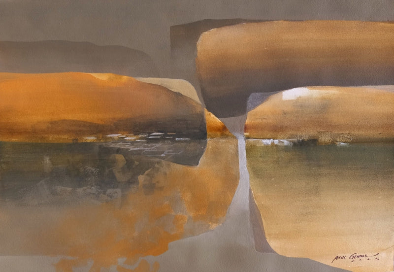 Mountain Stories 2' landscape mixed-media painting by artist Atul Gendle, 15x22 inch, on paper