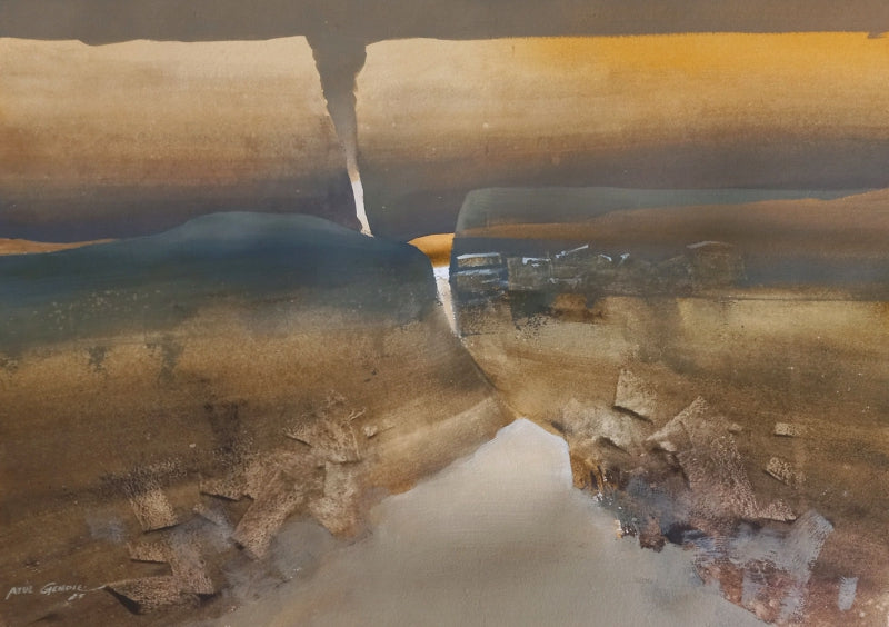 Mountain Stories 3' landscape mixed-media painting by artist Atul Gendle, 15x22 inch, on paper