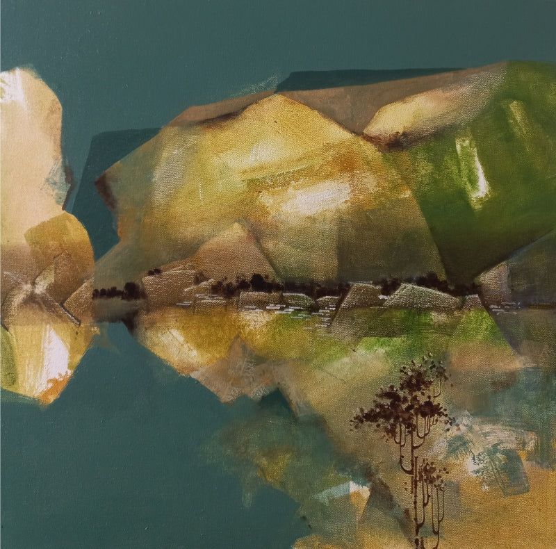 Mountain Stories 32' landscape acrylic painting by artist Atul Gendle, 18x18 inch, on canvas