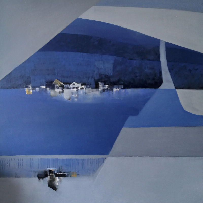 Mountain Stories 33' landscape acrylic painting by artist Atul Gendle, 36x36 inch, on canvas