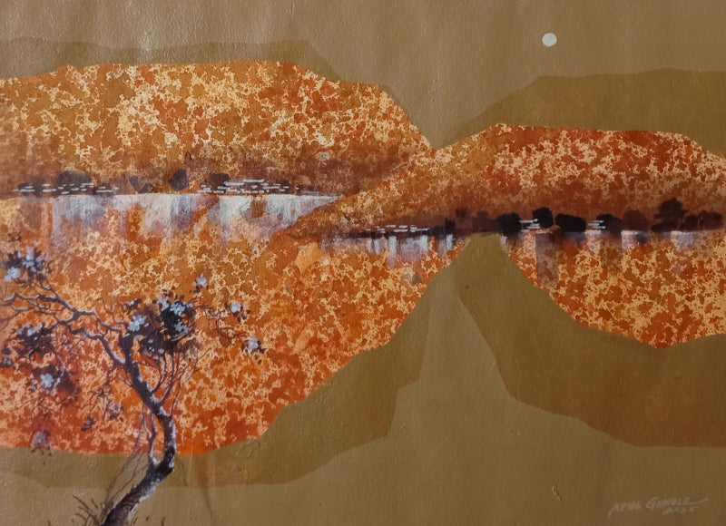 Mountain Stories 34' landscape acrylic painting by artist Atul Gendle, 11x15 inch, on paper