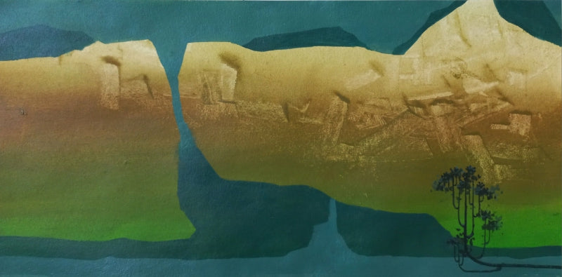 Mountain Stories 36' landscape acrylic painting by artist Atul Gendle, 11x22 inch, on paper