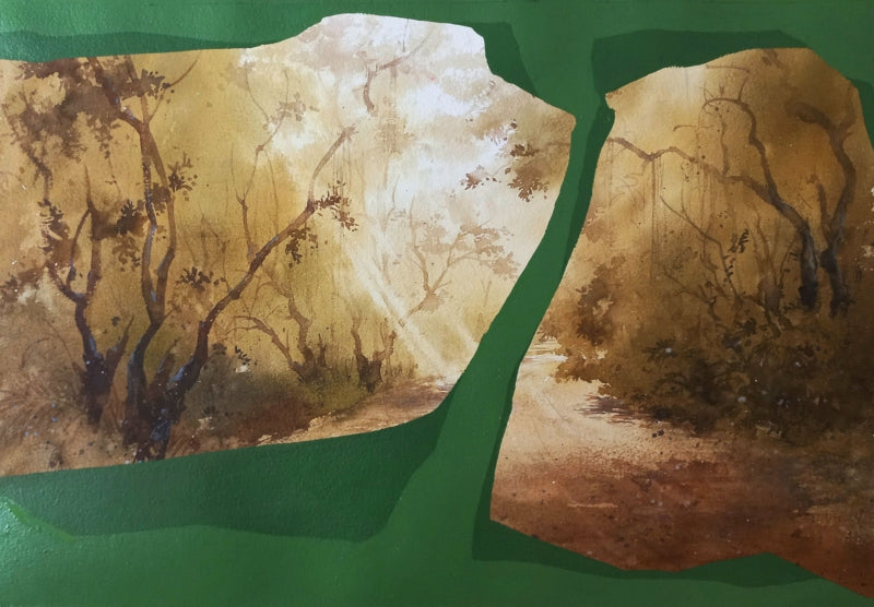 Mountain Stories 4' landscape acrylic painting by artist Atul Gendle, 15x22 inch, on paper