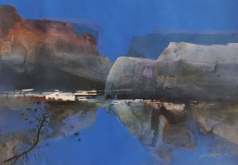 Mountain Stories 5' landscape mixed-media painting by artist Atul Gendle, 15x22 inch, on paper