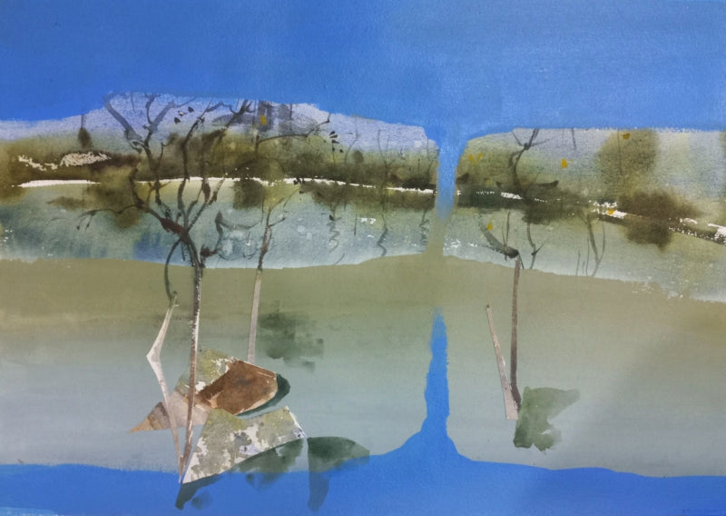 Mountain Stories 6' landscape mixed-media painting by artist Atul Gendle, 15x22 inch, on paper