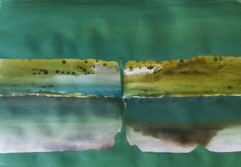 Mountain Stories 8' landscape mixed-media painting by artist Atul Gendle, 15x22 inch, on paper