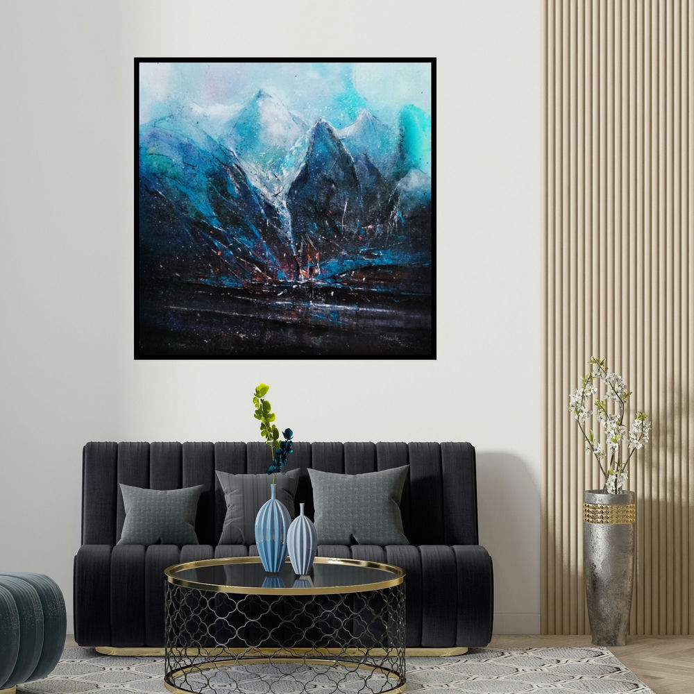Dnyaneshwar Dhavale's 'Mountains 11 (Icebound Peaks)' painting visualized above a sofa in a contemporary room.