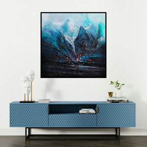 'Mountains 11 (Icebound Peaks)' painting by Dnyaneshwar Dhavale shown on a wall in a furnished room.