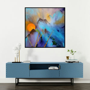 'Mountains (Sunlit Peaks)' painting by Sanjay Dhawale shown on a wall in a furnished room.