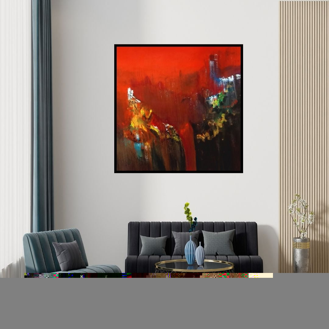 Preview of 'Moutain Range 4 (The Red Abyss)' Painting by Dnyaneshwar Dhavale shown on a wall in a furnished room.