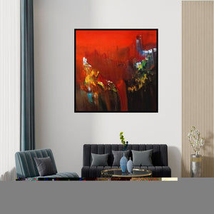 Preview of 'Moutain Range 4 (The Red Abyss)' Painting by Dnyaneshwar Dhavale shown on a wall in a furnished room.