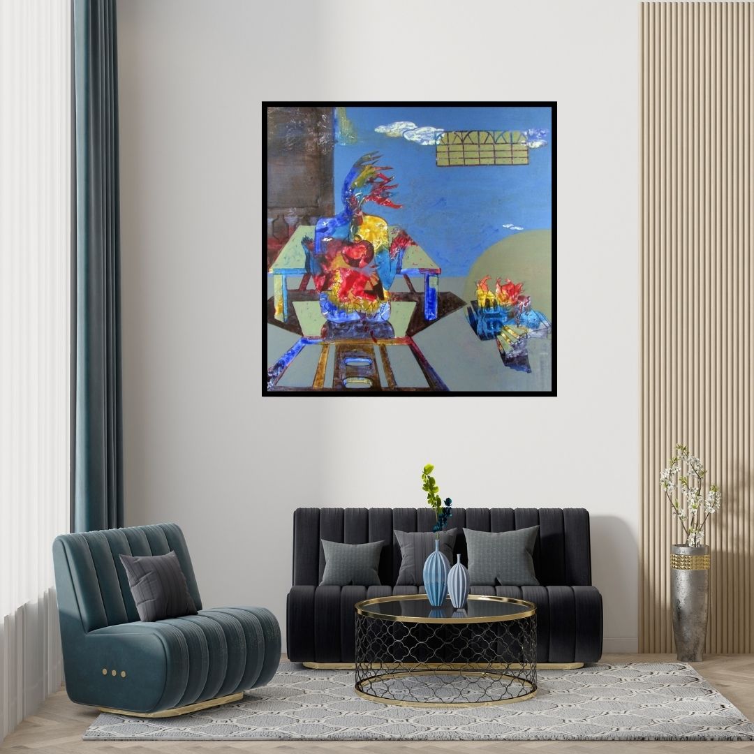 Preview of 'Move On (Inner Universe)' Painting by Rohan Koli shown on a wall in a furnished room.