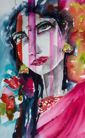 Movie Star by Veronique Piaser-Moyen, Original Watercolor Portrait Painting on Paper, Small Vertical Wall Art
