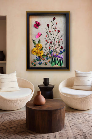 Mrf 1 (Framed Ribbon Flower Art) by artist Mohna Paranjape displayed in a Luxury gallery
