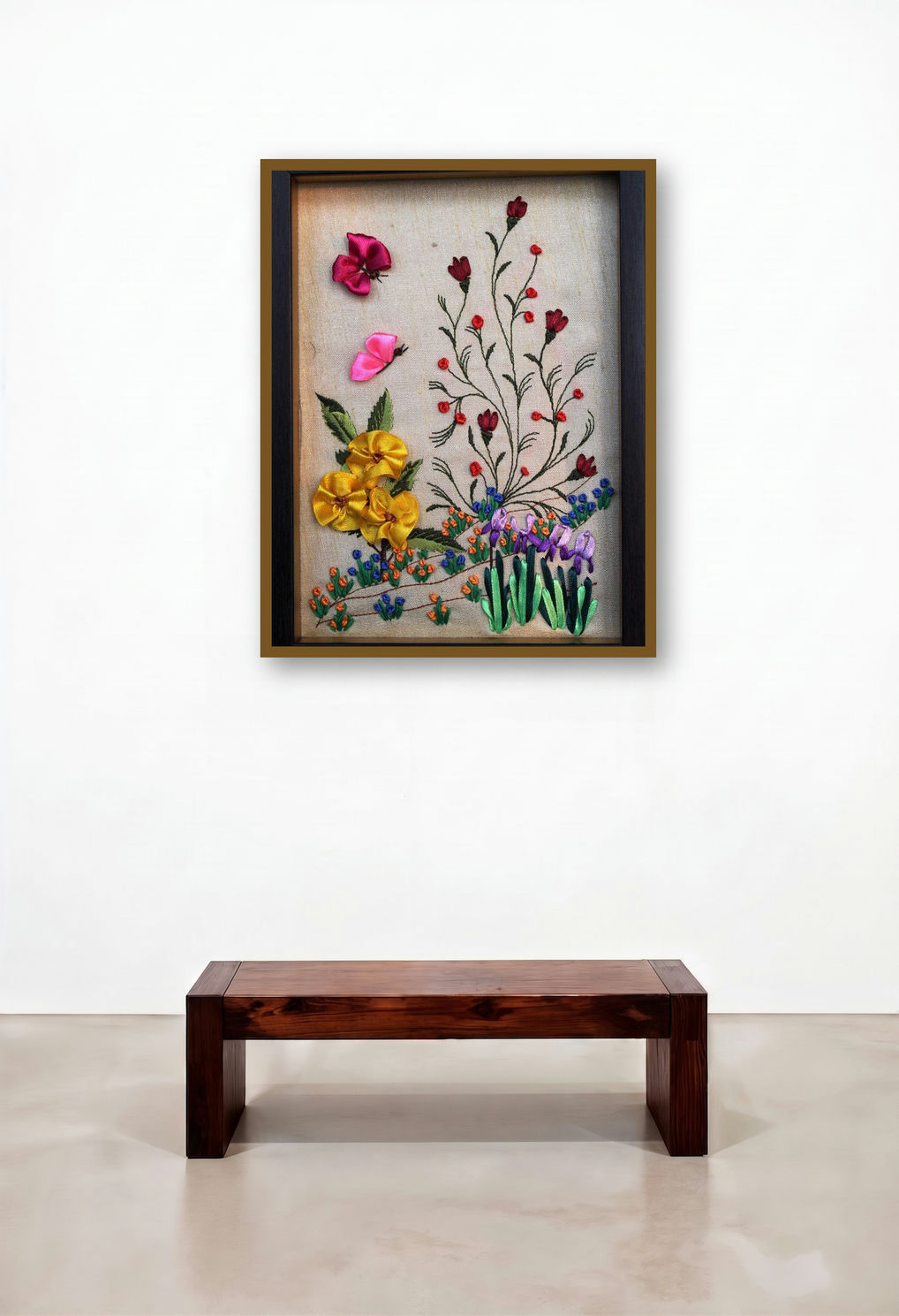 Mrf 1 (Framed Ribbon Flower Art) by artist Mohna Paranjape displayed in a Designer Family Room