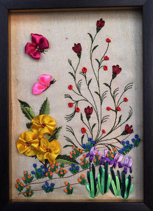 Mrf 1 (Framed Ribbon Flower Art) by Mohna Paranjape, Original Cloth Nature Painting on Cloth, X-Small Vertical Wall Art