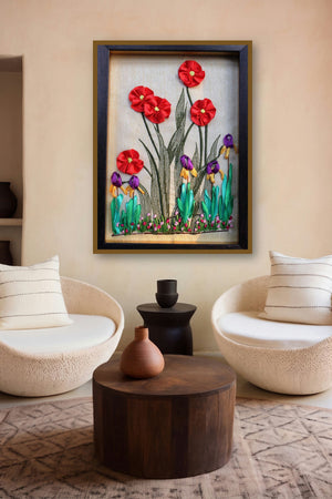 Mrf 3 (Framed Ribbon Poppies and Irises) by artist Mohna Paranjape displayed in a Modern gallery