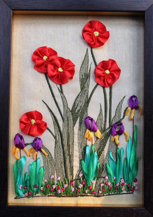 Mrf 3 (Framed Ribbon Poppies and Irises) by Mohna Paranjape, Original Cloth Nature Painting on Cloth, X-Small Vertical Wall Art