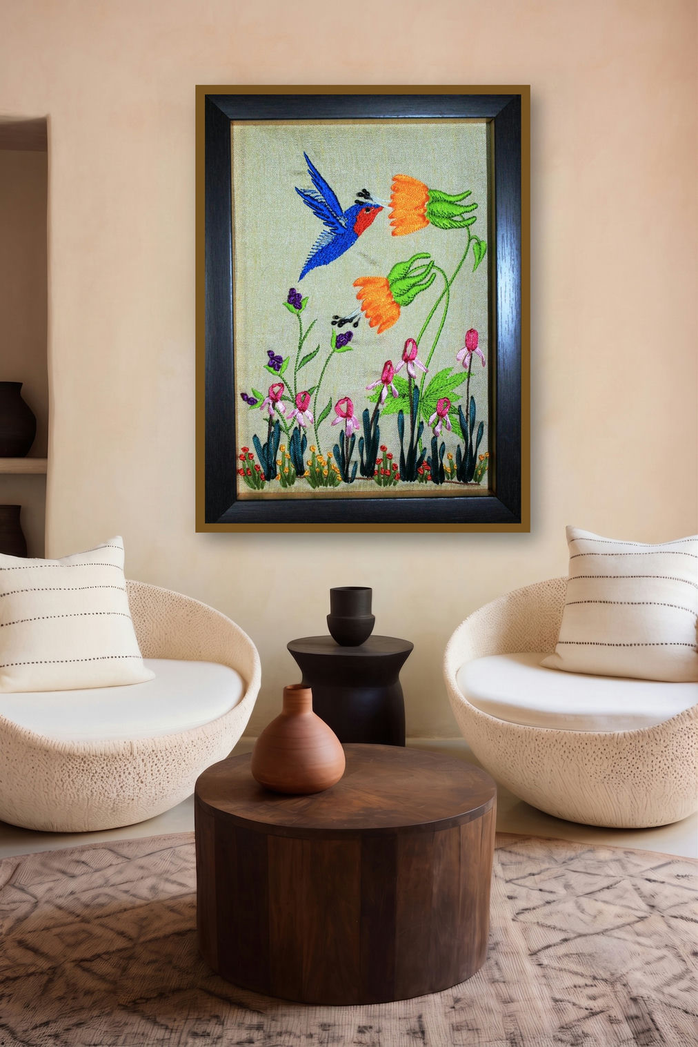 Mrf 4 (Framed Ribbon Bird and Flower) by artist Mohna Paranjape displayed in a Curated gallery