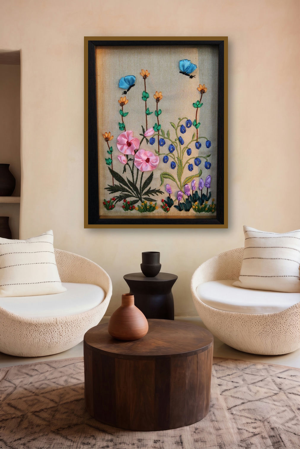 Mrf 5 (Framed Ribbon Flower Garden with Butterflies) by artist Mohna Paranjape displayed in a Minimalist gallery