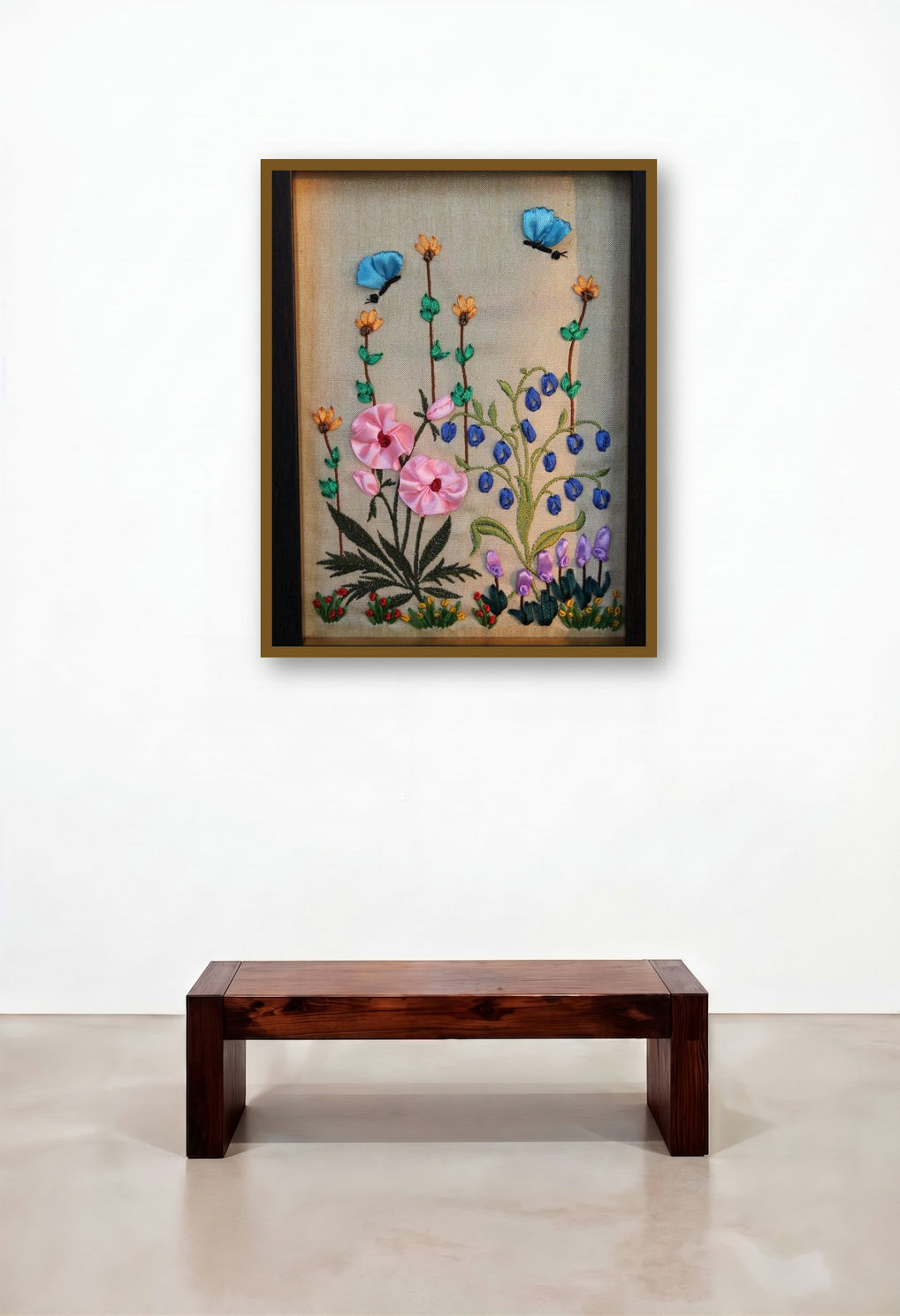 Mrf 5 (Framed Ribbon Flower Garden with Butterflies) by artist Mohna Paranjape displayed in a Boutique Hotel Style Hotel Suite
