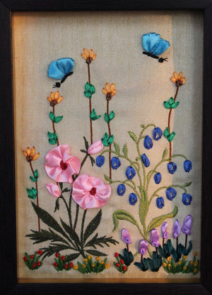 Mrf 5 (Framed Ribbon Flower Garden with Butterflies) by Mohna Paranjape, Original Cloth Nature Painting on Cloth, X-Small Vertical Wall Art