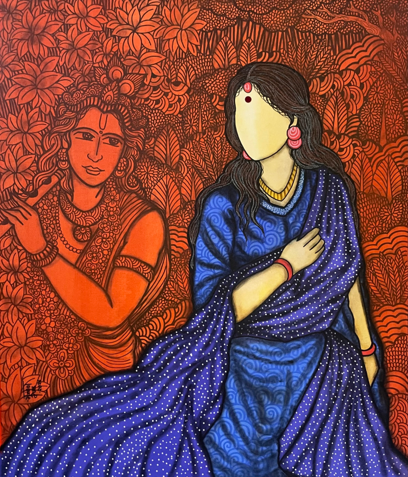 Mrinmayee Divine Soulmate' religious acrylic painting by artist Mrinal Dutt, 38x32 inch, on canvas