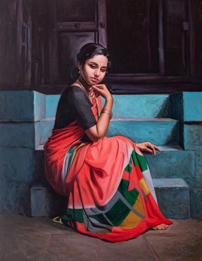 Mruganayni' figurative oil painting by artist Mahesh Soundatte, 42x33 inch, on linen
