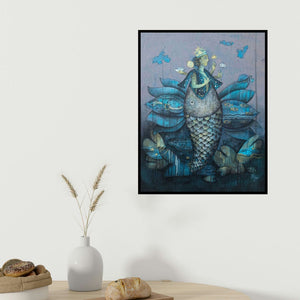 Pooja Mhatre's 'Mtsya Avtar 1 (Fish Deity)' painting visualized above a sofa in a contemporary room.