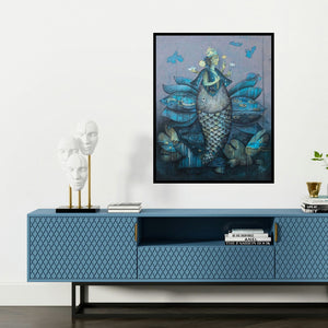 'Mtsya Avtar 1 (Fish Deity)' painting by Pooja Mhatre shown on a wall in a furnished room.