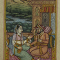 Figurative mughal traditional art titled 'Mughal Love Scene At Palace', 5x3 inches, by artist Unknown on Paper