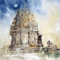 Religious watercolor painting titled 'Mukteshwar Mahadev Temple Sinnar India', 21x14 inches, by artist Milind Bhanji on Paper