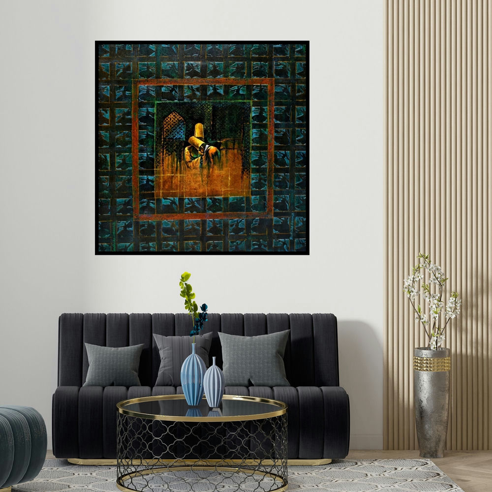 Radhika Seksaria's 'Mulaqat (Solitude in the Labyrinth)' painting visualized above a sofa in a contemporary room.