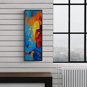 Preview of 'Multi Blue Vertical Abstract' Painting by Siddhesh Rane shown on a wall in a furnished room.