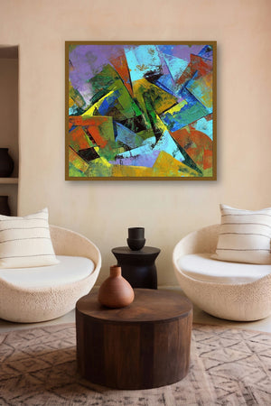 Multi Color Abstract (Urban Tapestry) by artist Siddhesh Rane displayed in a Indian Art gallery