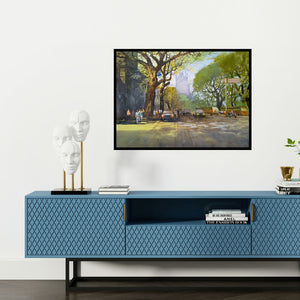 Preview of 'Mumbai' Painting by Nanasaheb Yeole shown on a wall in a furnished room.