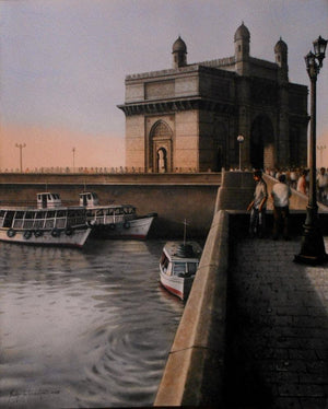 Mumbai 6 (Mumbai's Iconic Gateway) by Sudipta Karmakar, Original Watercolor Cityscape Painting on Paper, Medium Vertical Wall Art