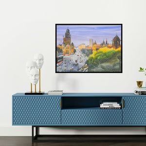 Preview of 'Mumbai (Mumbai Cityscape)' Painting by Bipul Roy shown on a wall in a furnished room.