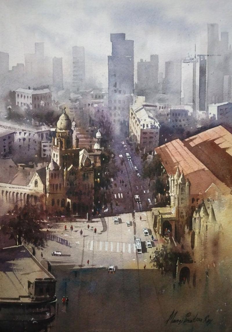 Cityscape watercolor painting titled 'Mumbai City Of Beauty', 20x14 inches, by artist Manoj Pratim Ray on Paper