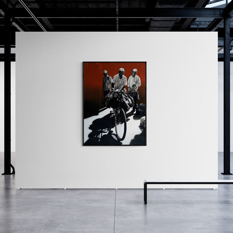 In-situ view of Abid Shaikh's 'Mumbai Dabba Wala' painting in a room