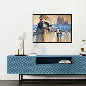 Preview of 'Mumbai Dabbawala 1' Painting by Bijay Biswaal shown on a wall in a furnished room.