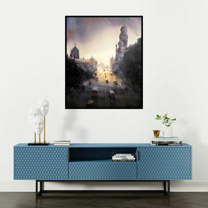 Bhuwan Silhare's 'Mumbai Forever' painting visualized above a sofa in a contemporary room.