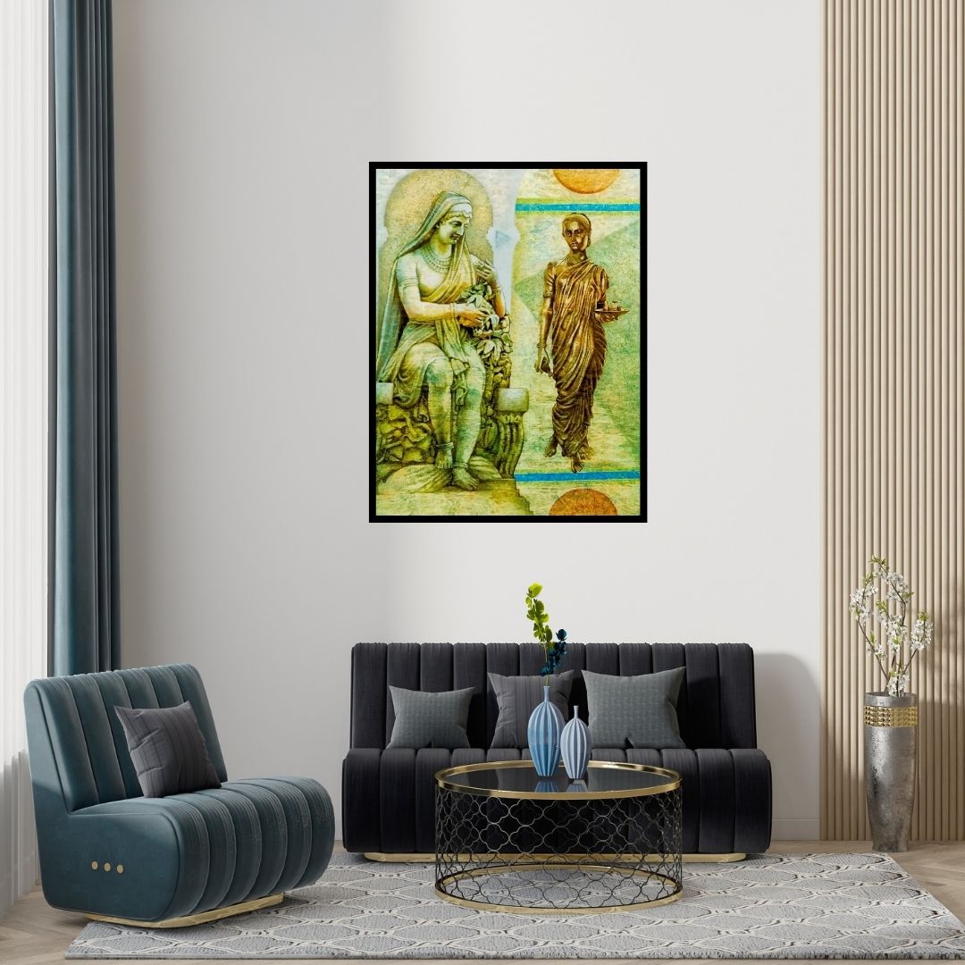 Preview of 'Mumbai Hertiage' Painting by Ajay Meshram shown on a wall in a furnished room.
