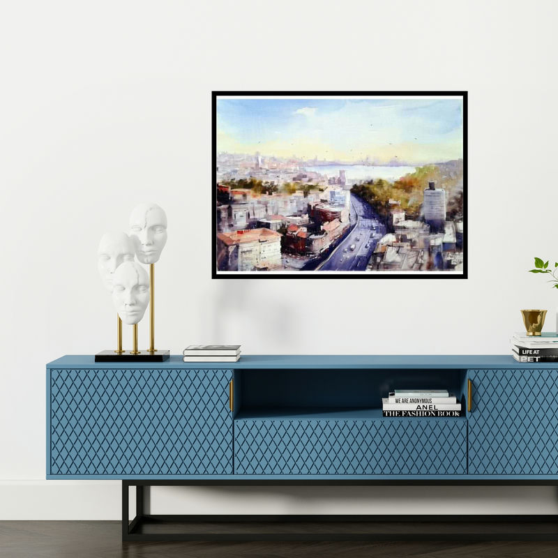 Preview of 'Mumbai I (Urban Vista)' Painting by Amit Kapoor shown on a wall in a furnished room.