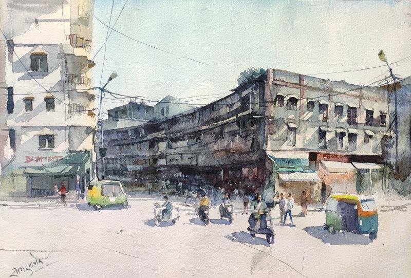 Cityscape watercolor painting titled 'Mumbai Lane', 12x17 inches, by artist Sagar Palwe on Paper
