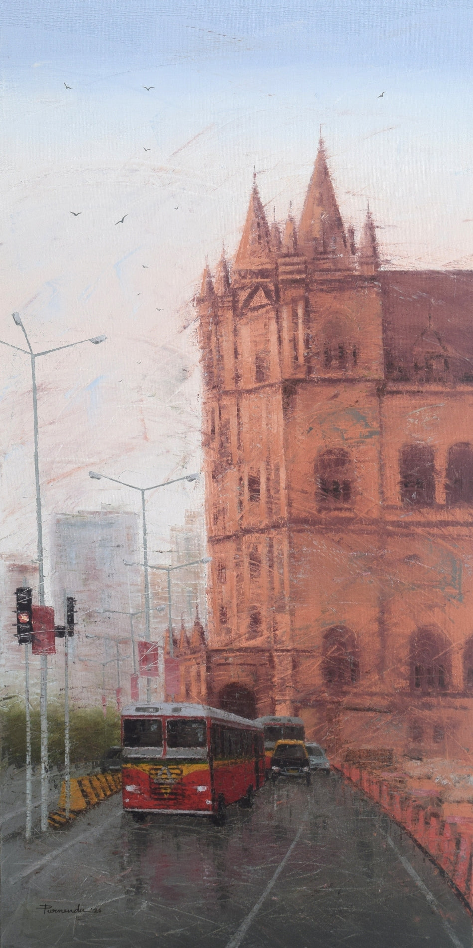 Mumbai In Monsoon Motion' cityscape oil painting by artist Purnendu Mandal, 48x24 inch, on canvas