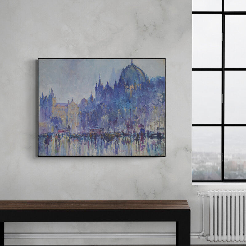 In-situ view of Sayajirao Nangare's 'Mumbai Monsoon (Gateway to the East)' painting in a room
