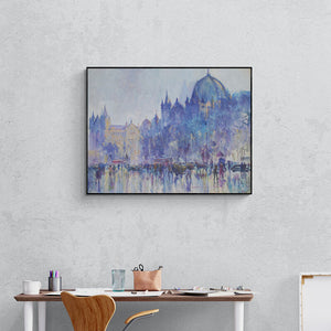 Sayajirao Nangare's painting 'Mumbai Monsoon (Gateway to the East)' displayed in a modern living room setting