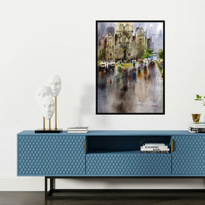 'Mumbai In Rain' painting by Sanjay Dhawale shown on a wall in a furnished room.