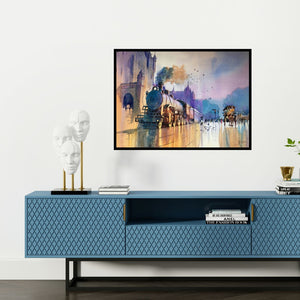 Preview of 'Mumbai Retro' Painting by Bijay Biswaal shown on a wall in a furnished room.